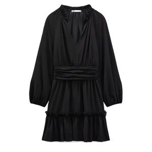 Zara Womens Black Chiffon Sheer Layered Ruffle Gothic Glam V Neck Mini Dress‎ MD